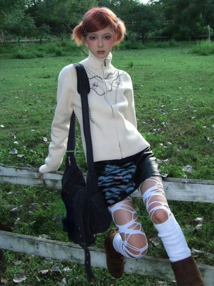 2024 Y2k Aesthetic Streetwear Jacquard Sweaters Autumn Half High Collar Tops Grunge Casual Zipper Knitted Cardigans