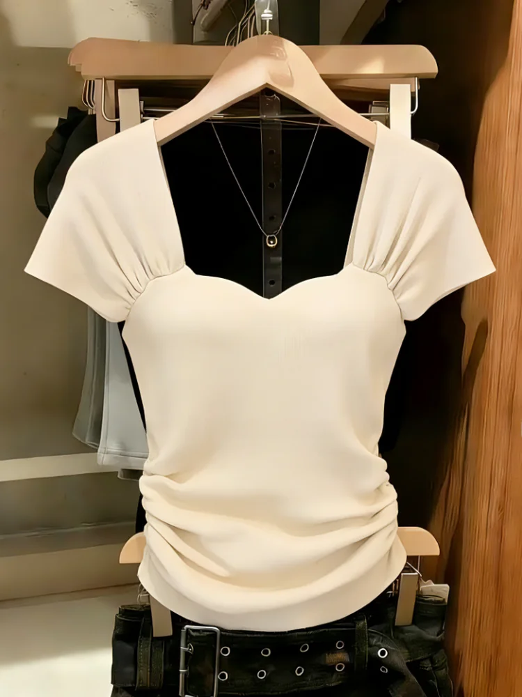 

Recommended Self-Keeping Spicy Girl Knitted T-Shirt Women's Summer New Style Waist-Cinching Fly-Sleeve Square-Neck Top