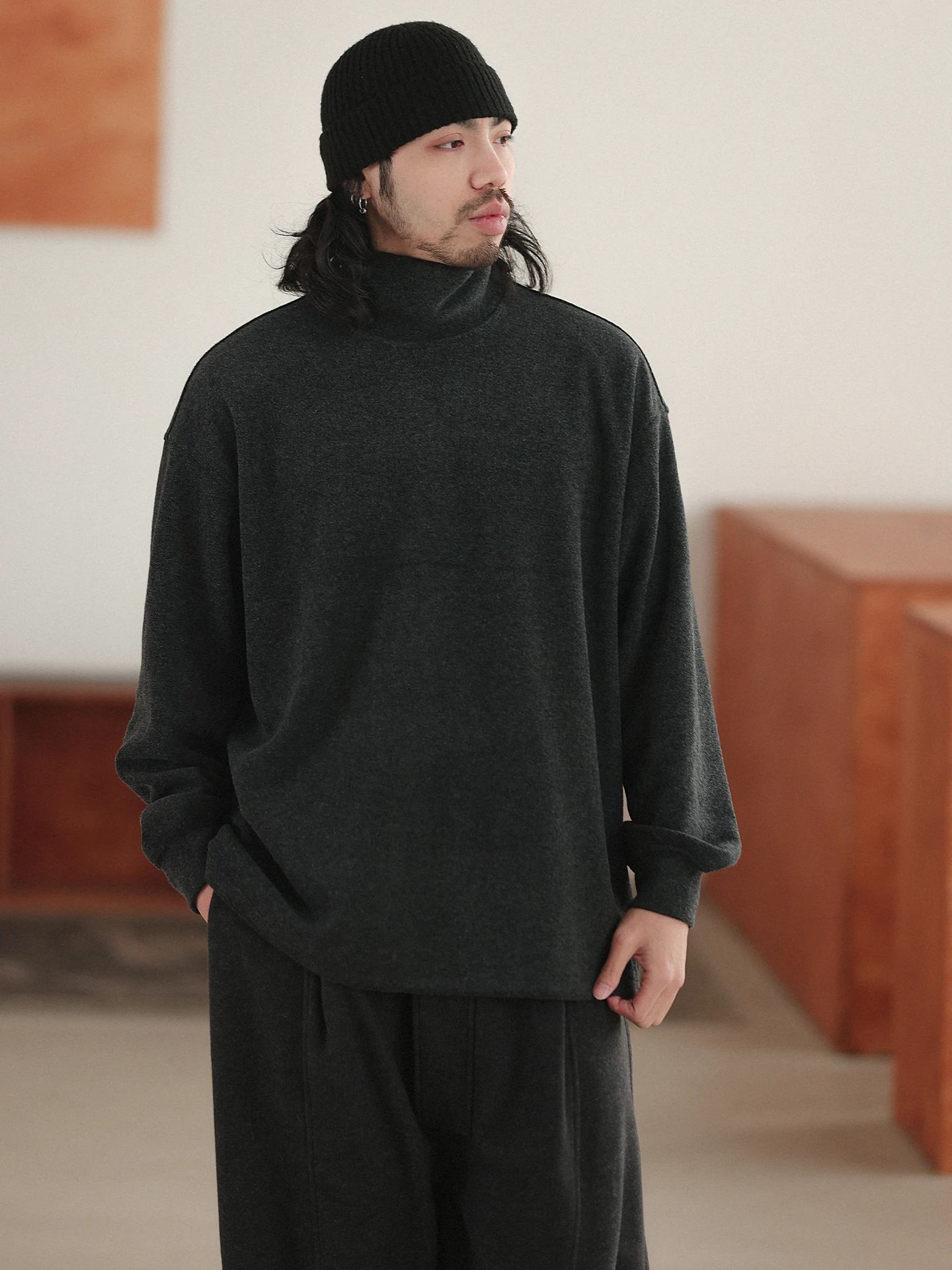 

Noears Japanese Sle y Deep ey Knitted High Collar Thermal Thi Sweatirt Men's Casual Long Sve Hoodie