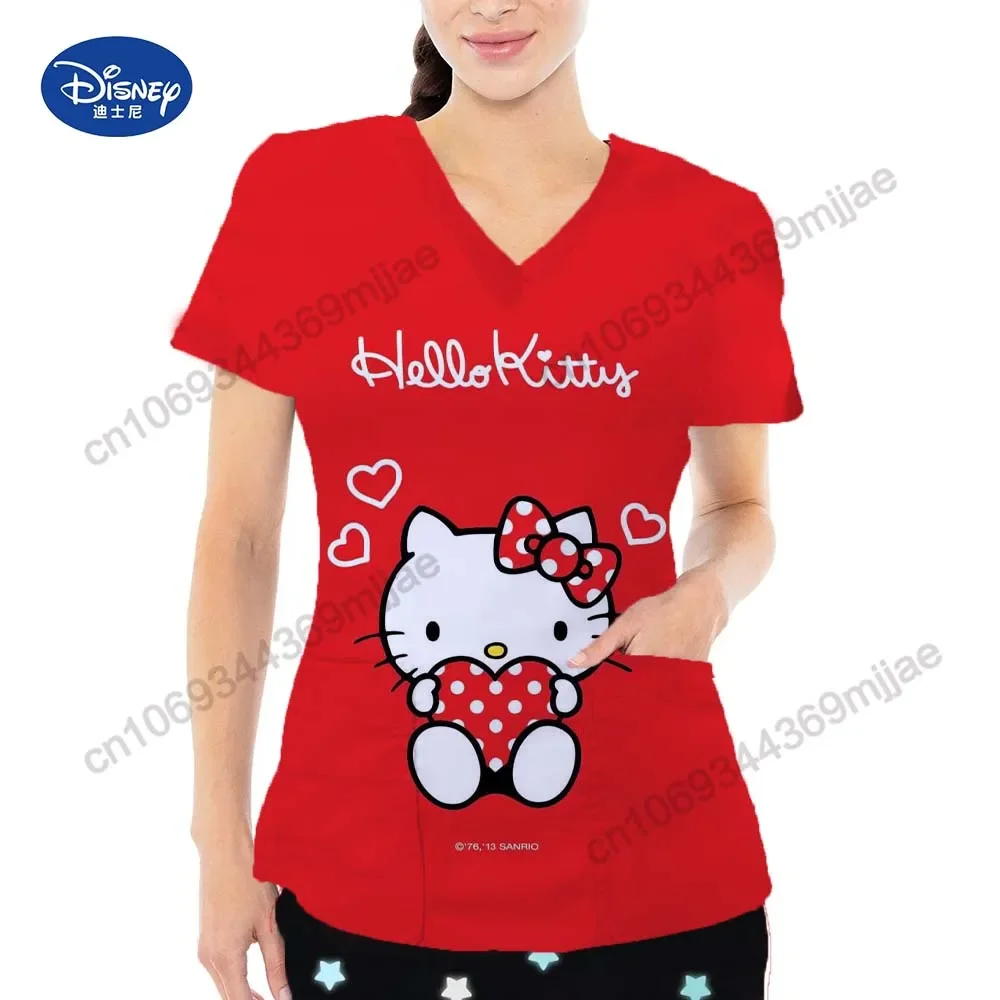 2024 Summer V-neck double pocket desgin Women's T-shirt Casual Holle Kitty pattern print Nurse Uniform Woman's Tops Y2k Style