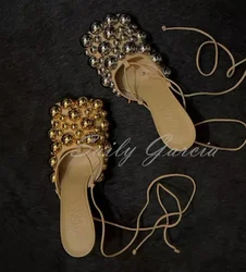 Gold Silver Studs High Heel Sandals Women Square Toe Beaded Stiletto Heel Lace Up Ankle Strap Evening Embellished Dress Shoes