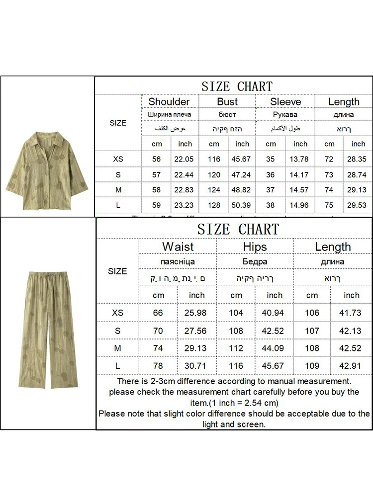 TRAF Women\'s Fashion  Loose Jacquard Shirt Pants Sets 2024 High Waist Trousers Set Lapel Half Sleeve Shirt Wide Leg Pants 2Pcs