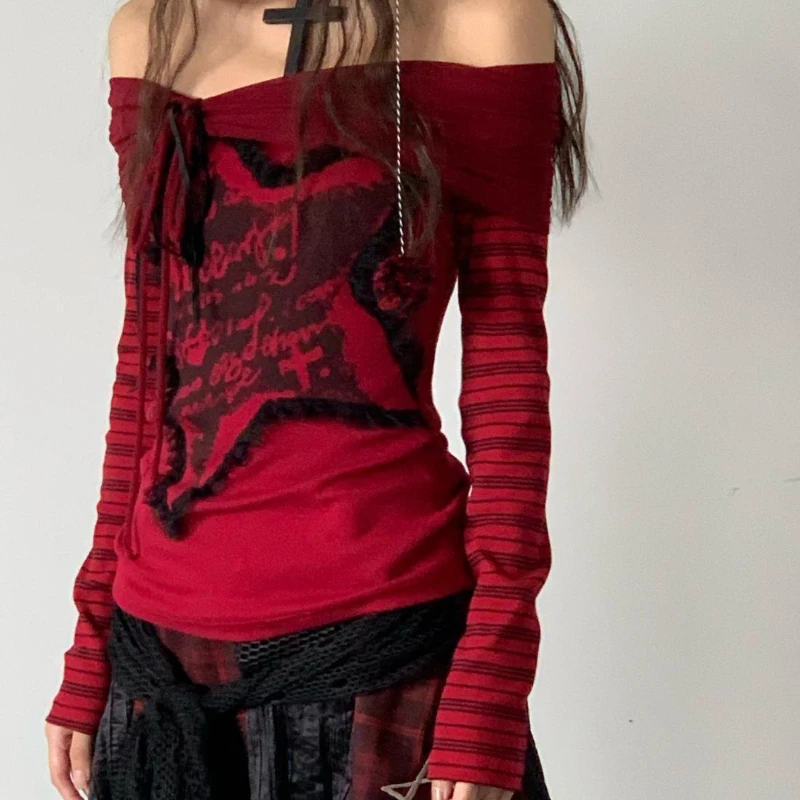 

Fashionable Plaid Niche Design One Shoulder Red and Black Printed Long Sleeved Slim Fit Top