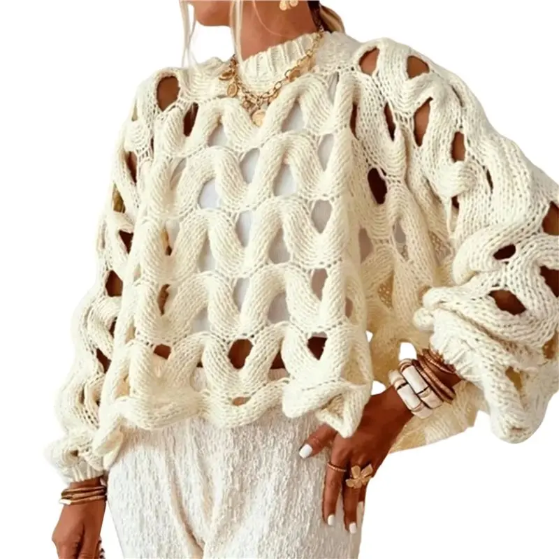 

CYL-Женский повседневный однотонный вязаный крючком свитер с длинными рукавами, пуловер для пляжного отдыха, топ