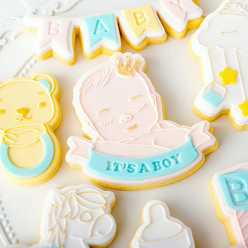 Acrylic Baby Shower Embossed Mold Baby Birthday Cookie Press Stamp Embosser Cutter Fondant Sugar Craft Cake Decoration Tools