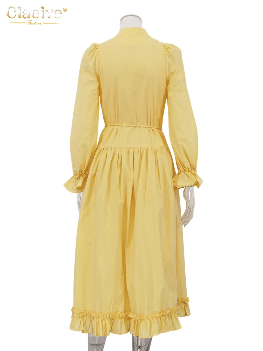 Clacive Mode Losse Gele Vrouwen Jurk 2025, Casual Stand Kraag Lange Mouw Enkellange Jurken Elegante Kant-Up Vrouwelijke Jurk