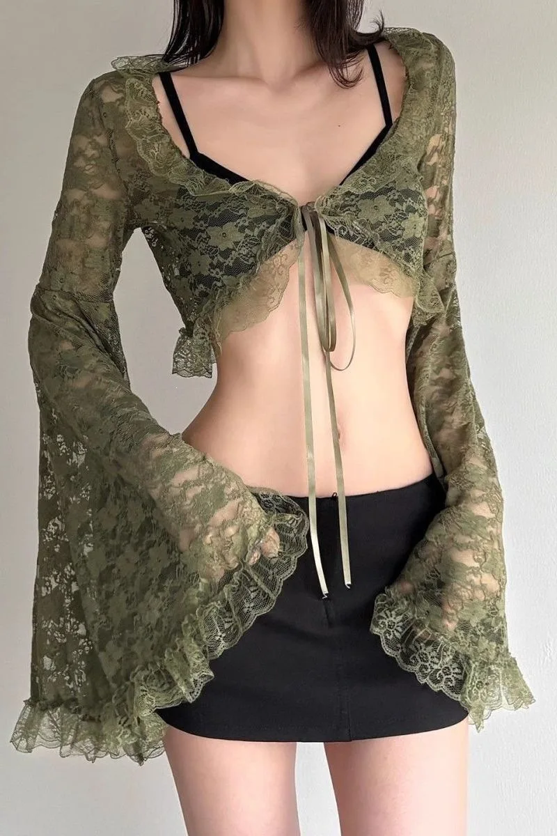 Modische Grüne Spitzen-Oberteile mit Bändern, Gothic Transparente Ausgestellte Ärmel, Crop-Mantel für Damen, Durchsichtige Patchwork-Club-Party-Glockenärmel-Blusen 2026 – Detail 1