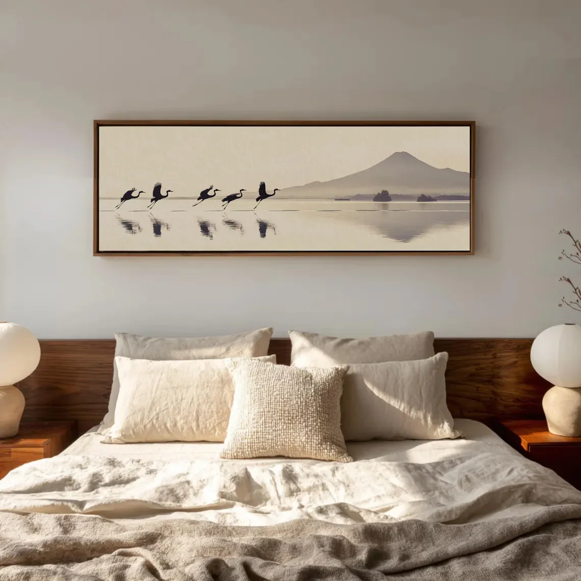 1pc Vintage Japandi Panoramic Canvas Wall Art Print Long Narrow Cranes & Mountains Wall Art for Bedroom, Living Room Decorations