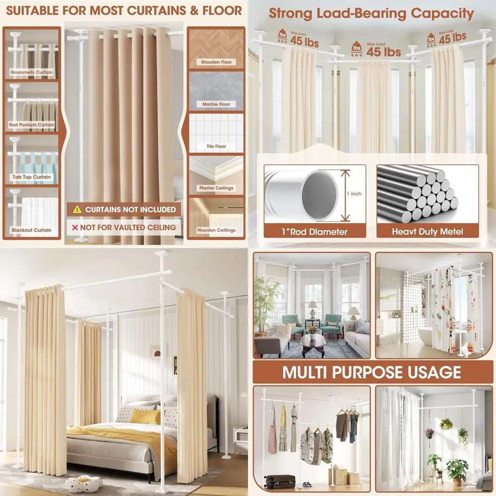 

Freestanding Tension Curtain Rod for Room Divider, No Drilling, Adjustable 4-10ft Height, 28-171inch Width, White