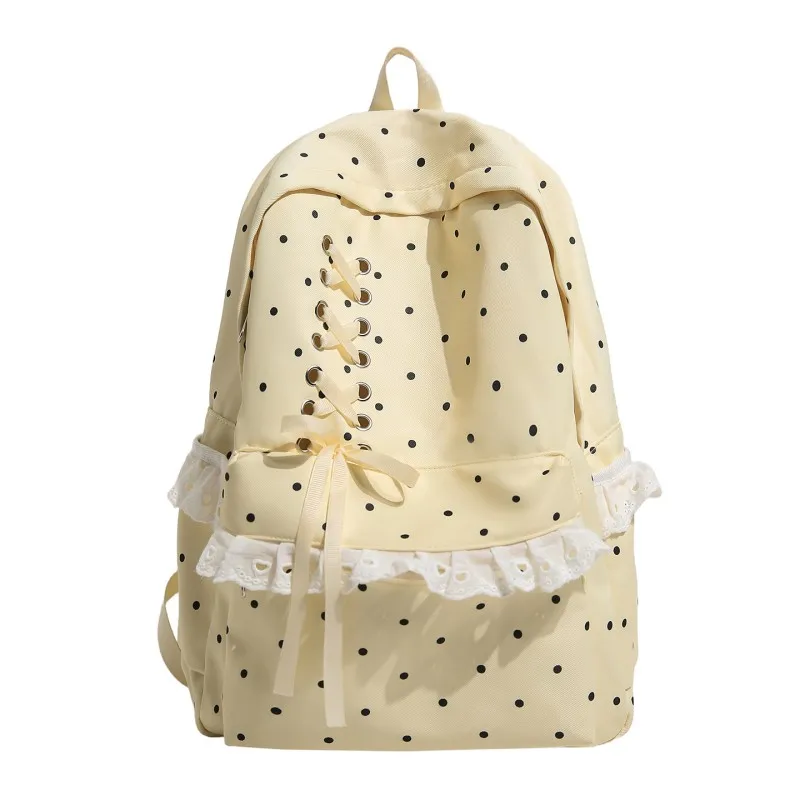 Women Polka Dot Lace Backpack Large Capacity Trendy Dot Pattern Bag Multi Pockets Bowknot Daypack Travel Carrying Package