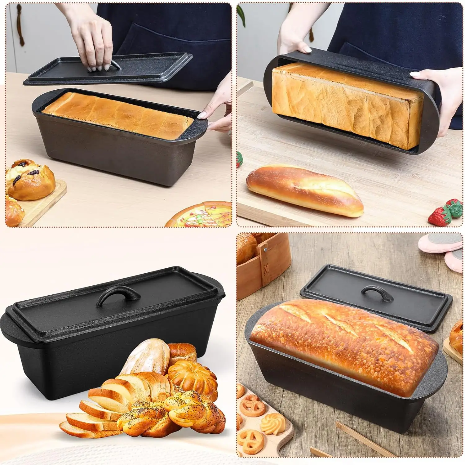2 Pack Cast Iron Bread Loaf Pan with Lid Heavy Duty Cast Iron Bread Pan with Dual Handles for Baking Meatloaf Homemade (13 x 5 x