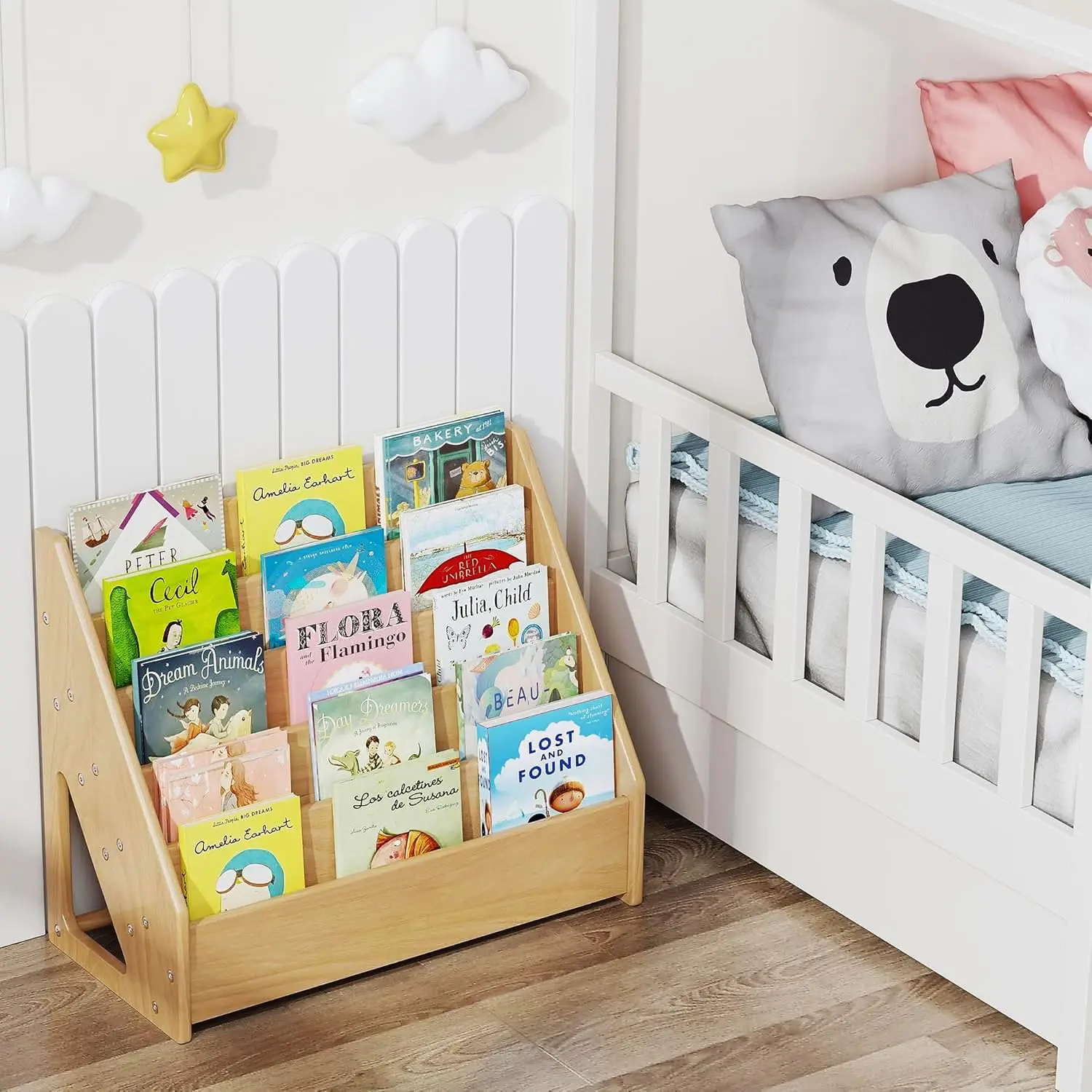 Kinderbücherregal, Bücherregal für Kinderzimmer, aus Holz, kleines 5-stöckiges Kinderbücherregal, in Naturholzoptik. – Detail 1