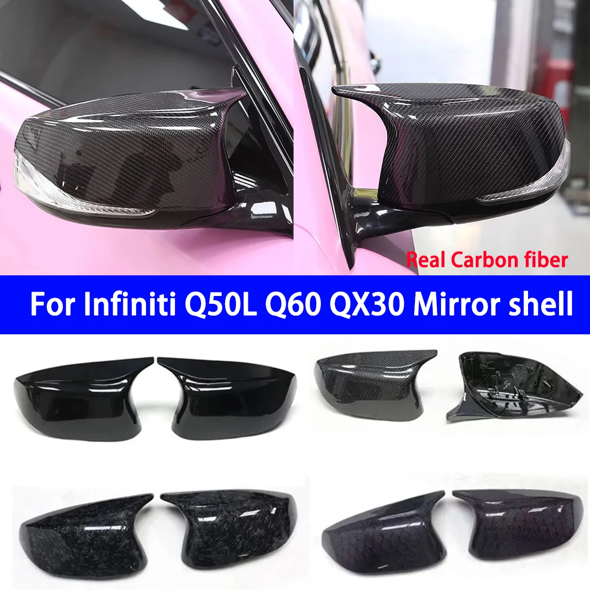 

For Infiniti Q50L Q60 QX30 Modified Real Carbon Fiber Horn Rearview Mirror Shell and Reverse Mirror Cover Mirror Caps Replace