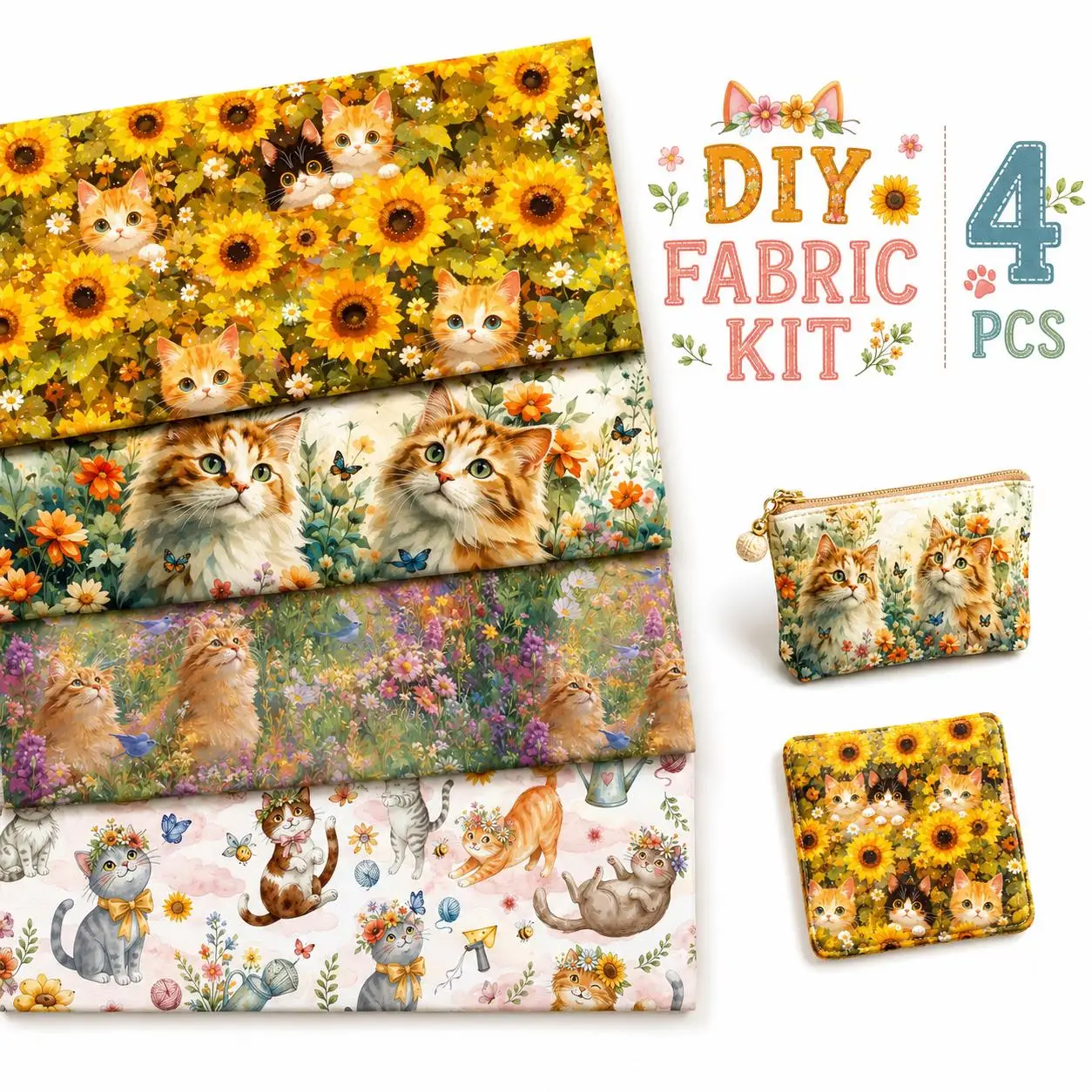 Pre-cut 4pcs/Set 7.87x7.87inch Cat Flower Fat Quarter Bundles 100% Polyester Craft Fabric Pre-Cut Squares Sheets
