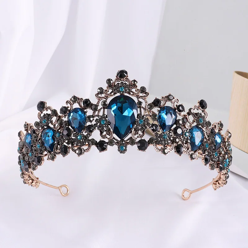 KMVEXO Baroque Black Green Teal Stone Crystal Crowns Tiara Bride Headband For Wedding Bridal Queen Diadem Party Hair Accessories