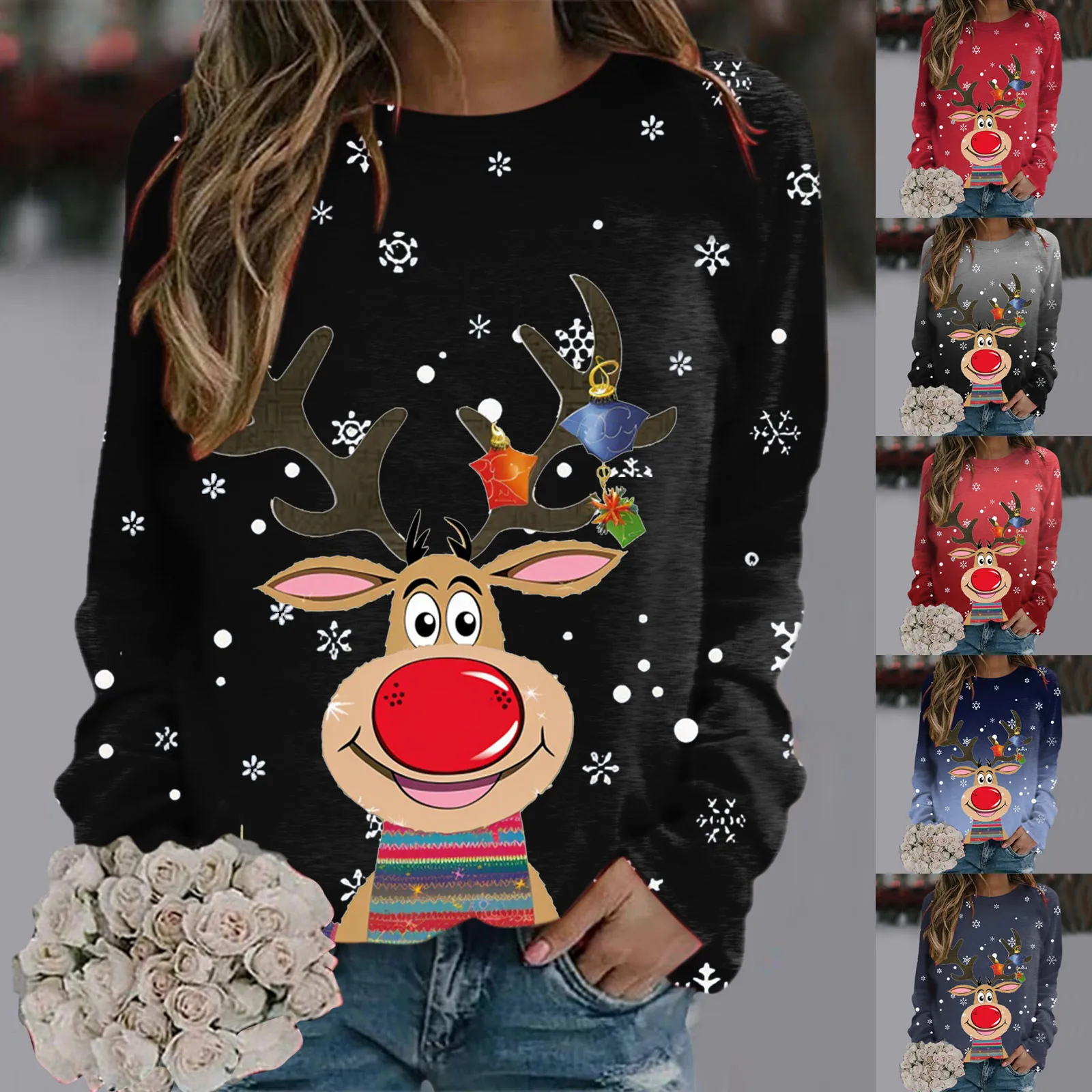 

Striped Zip up Hoodie Women Christmas Sweatshirt Long Sleeve Round Neck Pullover Vintage Christmas Deer Print Full Zip Fleece