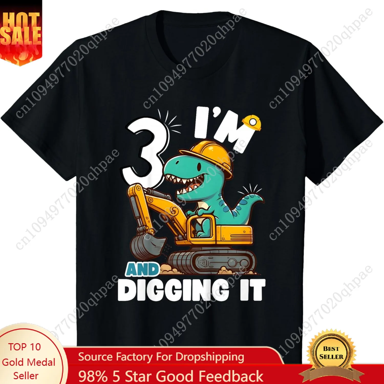 I'm 3 And Digging It 3rd Birthday Cute Dinosaur Construction T-Shirt