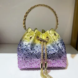 Bolsa de diamantes para mulheres de alta qualidade, luxo Tassel Bucket, Crossbody Bag, Bling Crystal Evening Bag, Rhinestone Bucket Clutch, Party