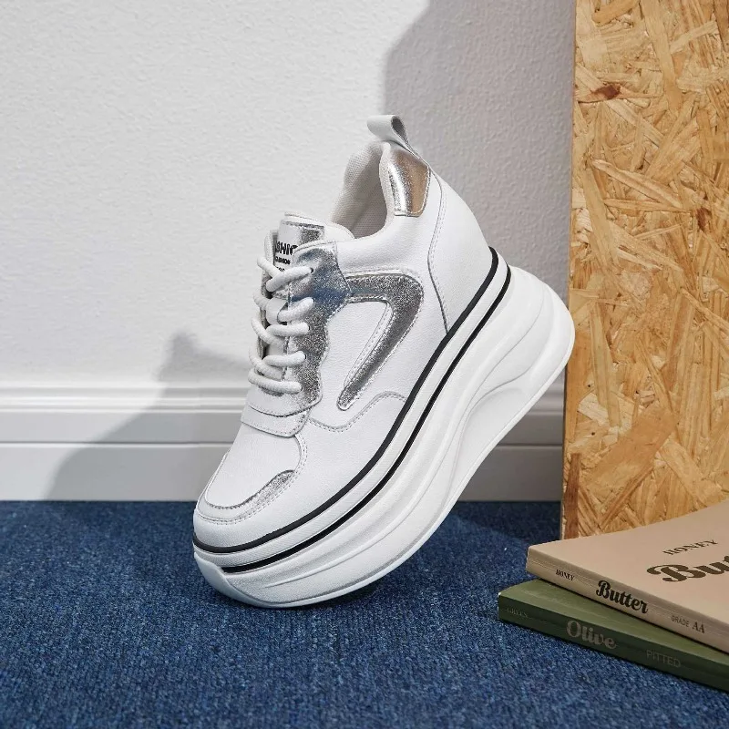 12cm Invisible Height-increasing Shoes for Women's 10cm Elevator Shoes Comfortable Genuine Leather Thick Soled Casual Shoes