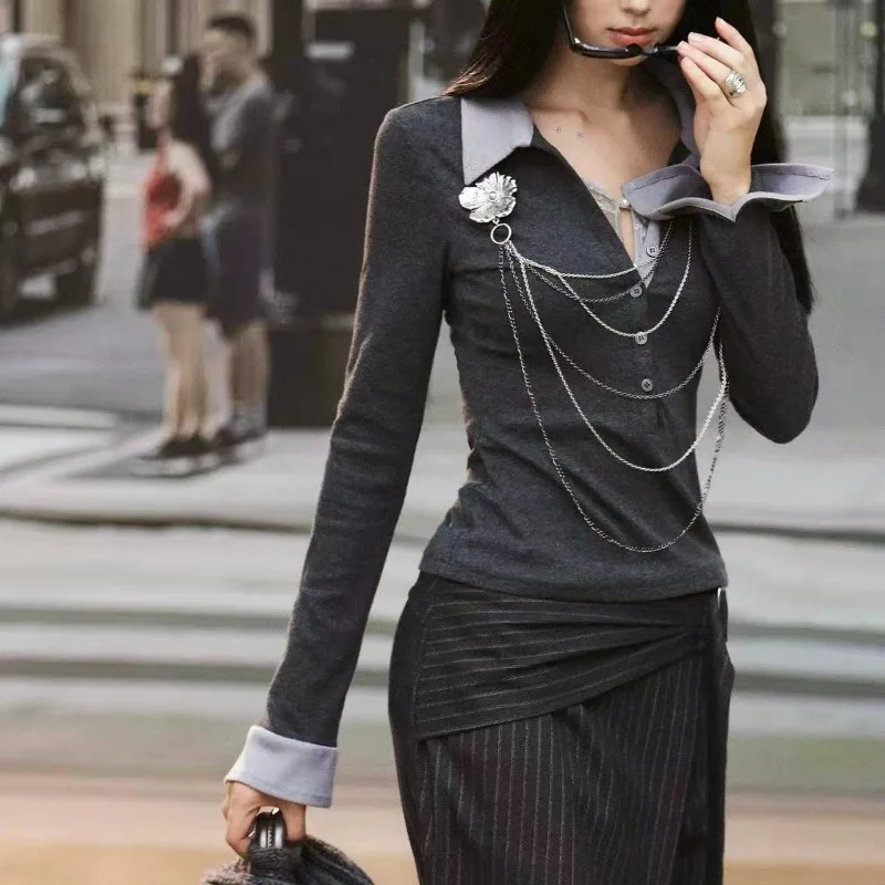 

Y2k поддельные лоскутные кружевные женские футболки из двух предметов, осенне-зимний топ для женщин, модный простой серый Blusas Mujer