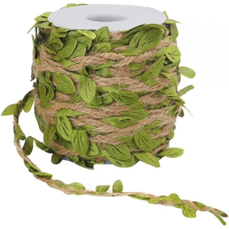 Fita de fio de juta natural de 33 pés 5mm com folhas artificiais para artesanato, casamento, festa de safari na selva, decoração de chá de bebê