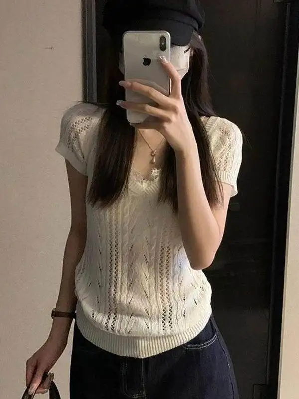 

Casual Loose Knitted Top Women's Trendy Spring Summer Autumn V-Neck Short Sleeve T-Shirt Comfortable Breathable Fashionable