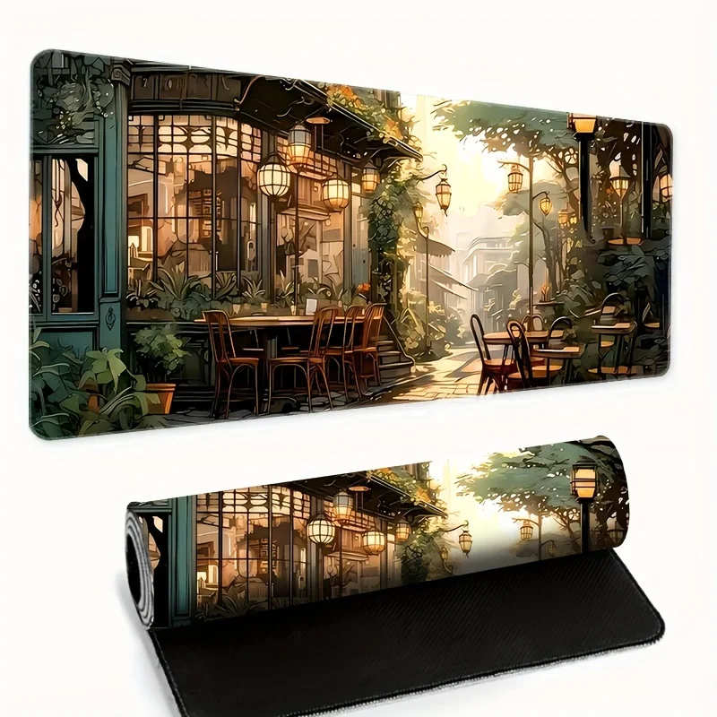 

Large Mouse Pad Forest Cafe Cartoon Themed Gaming Mouse Mat Non-Slip Rubber Lock Stitching Desk Mat Office Study Keyboard Pad