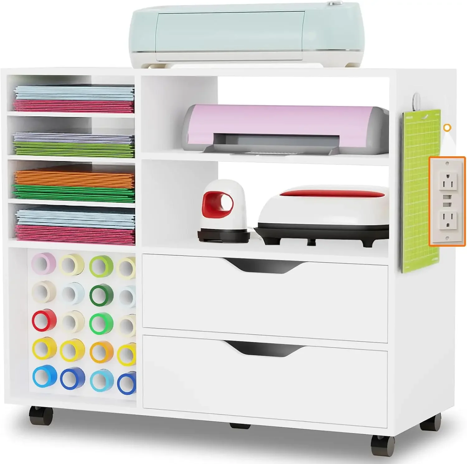 Craft Organization and Storage Cart Compatible with Cricut Machines, Rolling Craft Table Organizer with Charge Station Vinyl Rol