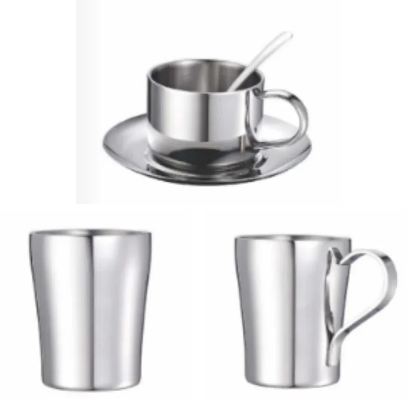 

European 304 stainless steel coffee cup thickened round milk tea cup double layer anti-scalding afternoon tea cup saucer