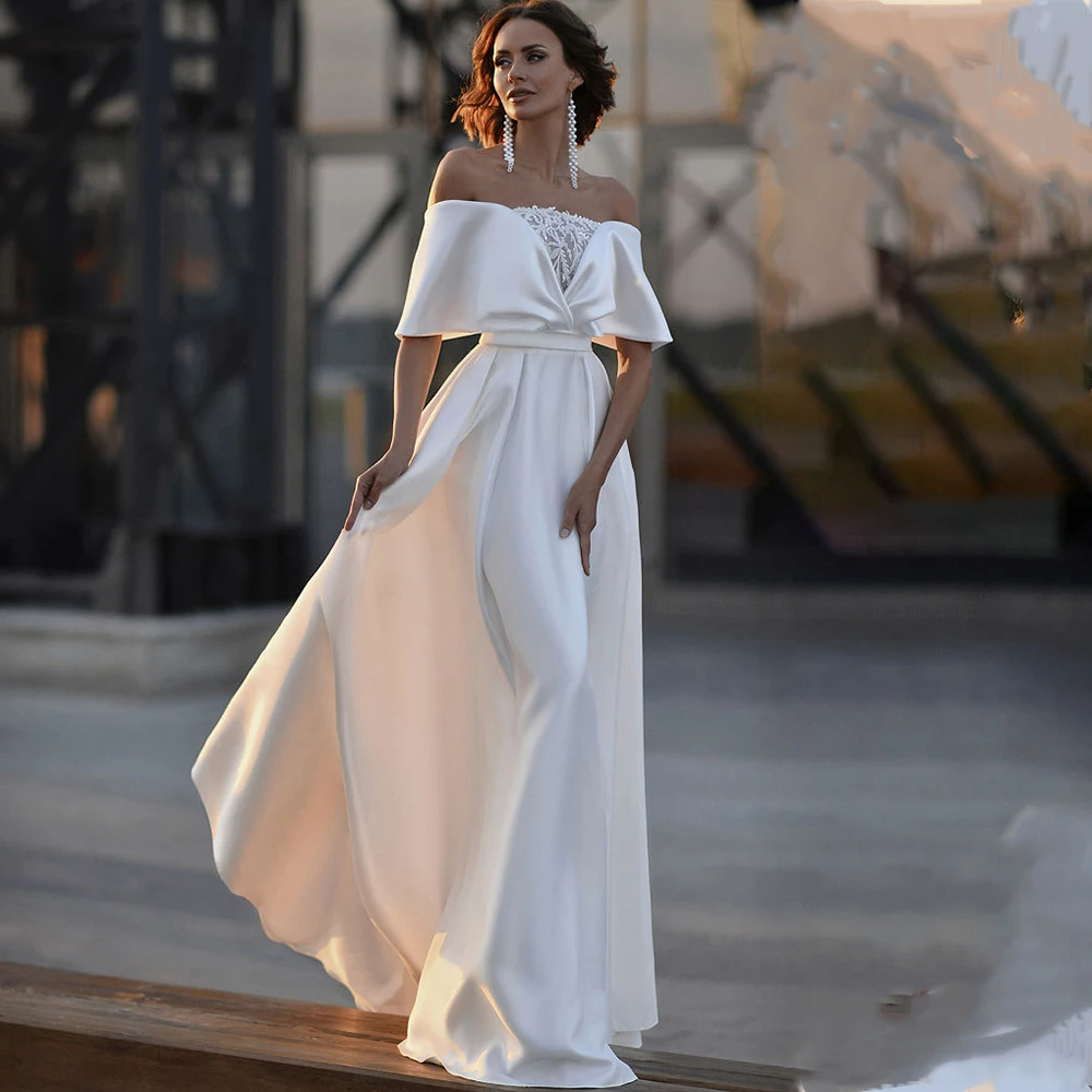 Robe de mariée en satin à col bateau A-Line pour femme, longueur au sol, patients élégants, sur mesure, magnifique, quelle que soit la femme