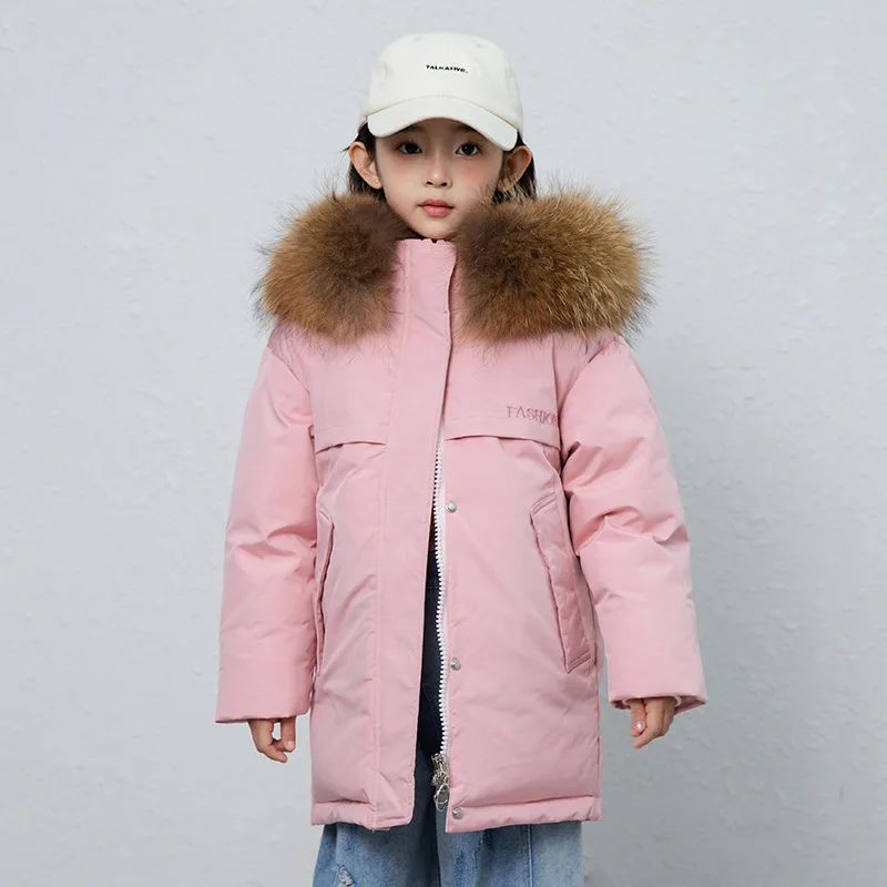 

Kids Girls Coat Winter Solid Color Hooded Fur Collar Children Girl Duck Down Jackets Korean Zipper Teenager Girl Warm Outerwear