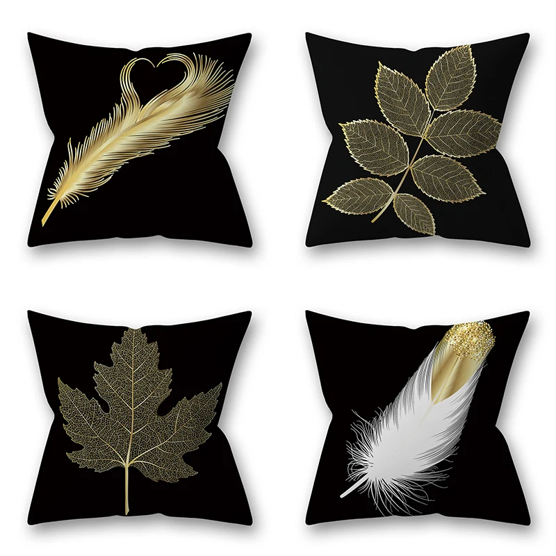 

45x45cm Gold Feather Black Pillowcase Leaf Plant Cushion Cover Living Room Sofa Office Car Seat Home Decor