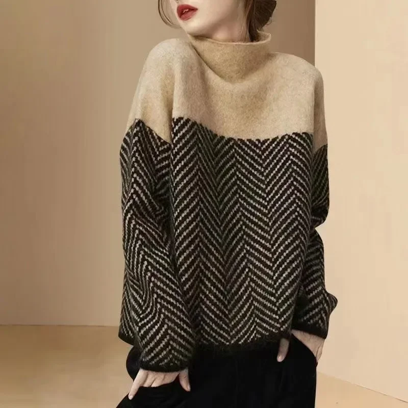 Women Turtleneck Sweater Vintage Patchwork Autumn Winter Knitted Tops Casual Loose Pullovers Korean Fashion Simple Jumpers