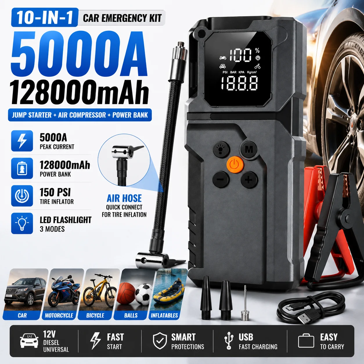 New 5000A 12V Car Jump Starter with 150PSI Air Compressor, 128000mAh Power Bank, Portable Battery Booster with LED Light