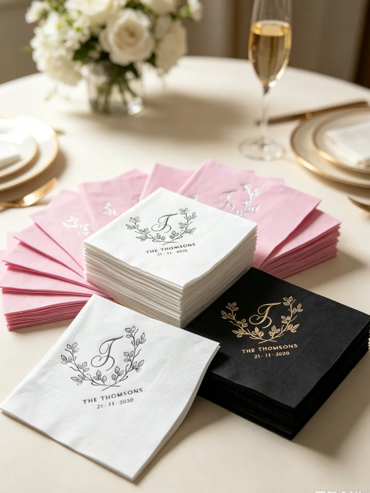 Custom Last Name Wedding Napkins, Monogrammed Gold Foil Crest Napkins, Personalized Printed Cocktail & Beverage Napkins