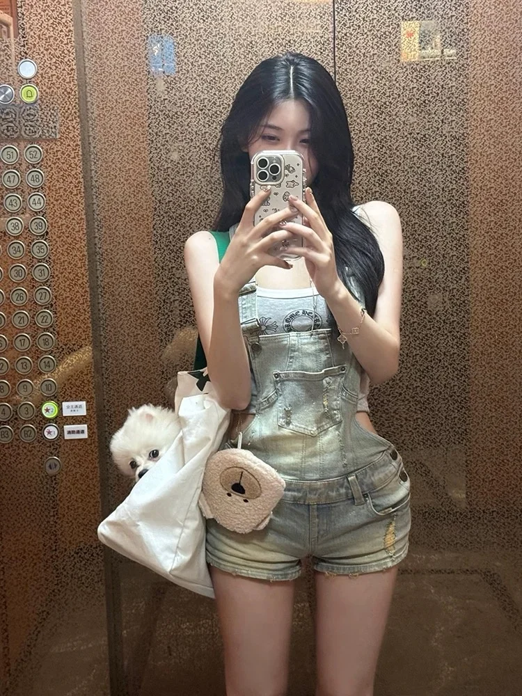 

Retro Distressed Denim Overalls Shorts Women Summer New Design Loose Slimming Trendy Cotton Stretch High Waist Wide Leg Pants