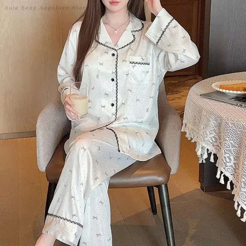 

Весенне-осенняя новая женская одежда для сна, пижамный комплект из 2 предметов, свободная повседневная атласная пижама с бантом и принтом, одежда для дома, сексуальный пижамный костюм, нижнее белье