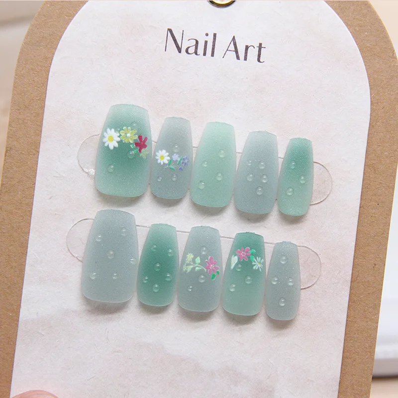 10pcs Women Medium Length Ballerina Nail Medium T Girl\'s Cute Flower Press on Nails False Nails Square Head  Wearable Detachable