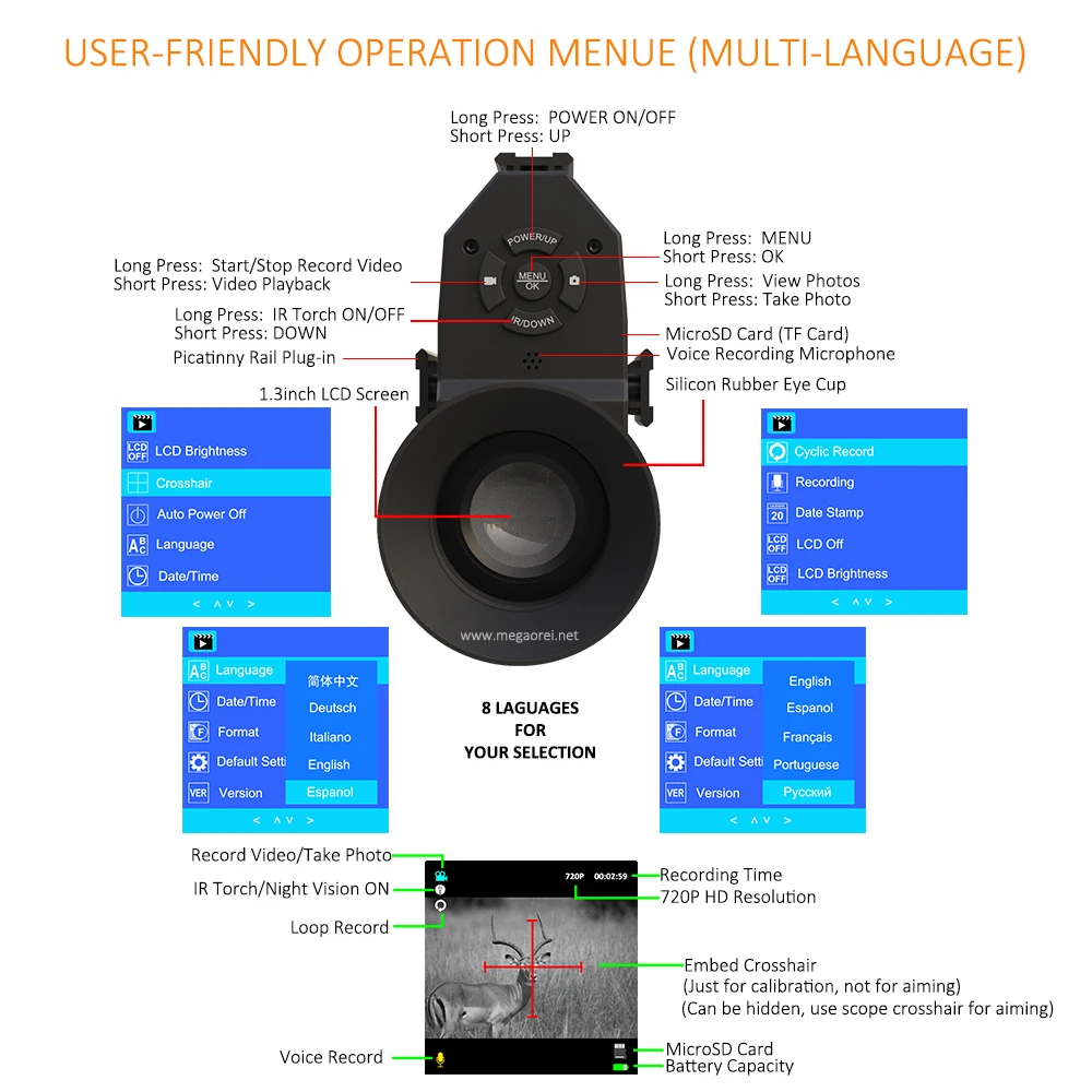 Imagem -05 - Megaorei Night Vision Scope Hunting Câmera Nk007s com Display Lcd Integrado 850nm ir Lanterna Infravermelha Riflescope