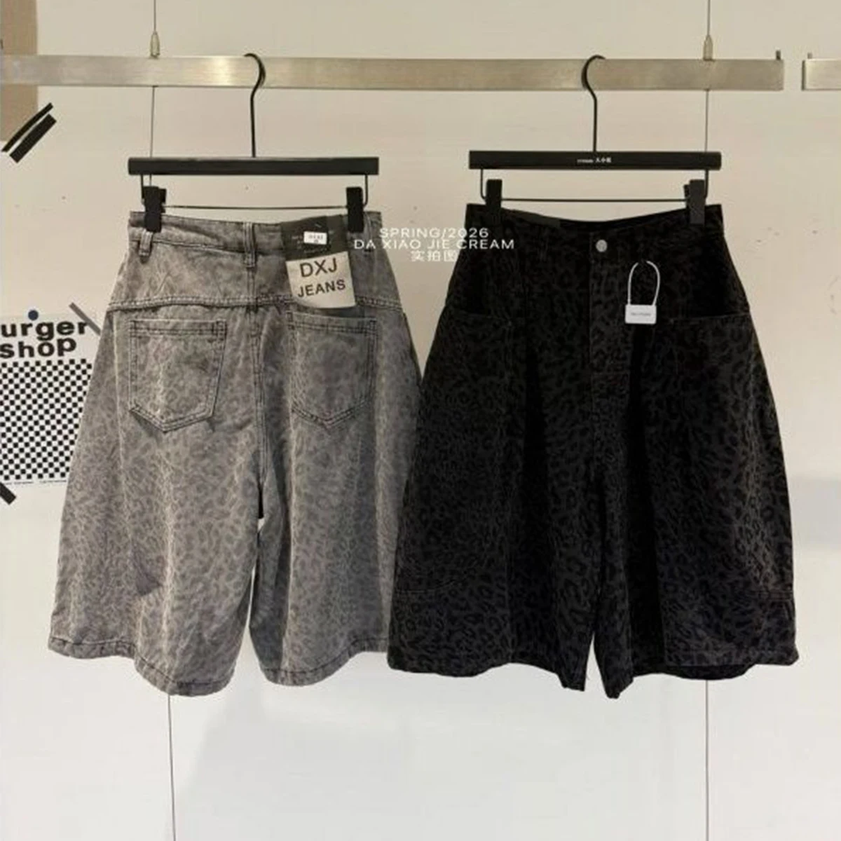 Leopard Denim Knee Length Pants for Women Autumn New American Style High Street Shorts Vintage Fashion Versatile Trousers