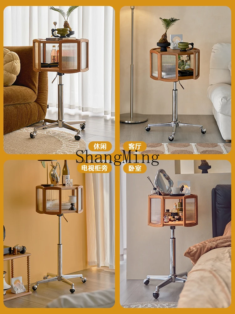 CL  solid wood movable sofa side with wheels can be lifted glass storage display cabinet bedside table