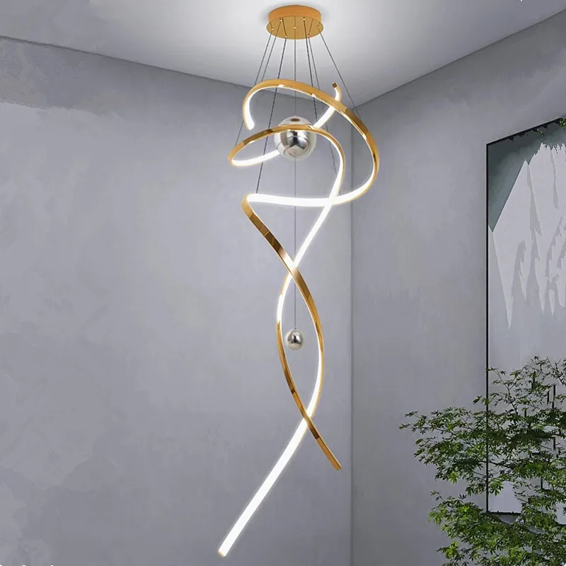 Stainless steel stair chandelier, gold/rose gold villa luxury chandelier, H80/H120/H180CM, RC dimming, customizable size