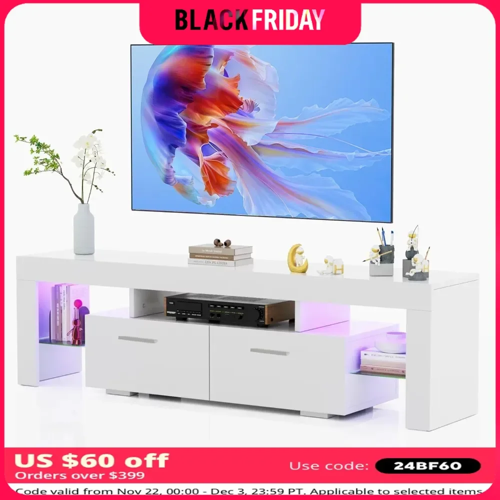 TV stand With Storage Drawer and Glass shelf, padded hinges to reduce noise when closed, hold up to 200 pounds, Tv Stand