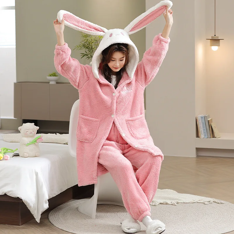 New winter hooded pajamas cute girl rabbit nightgown thickened and velvet warm two loungewear