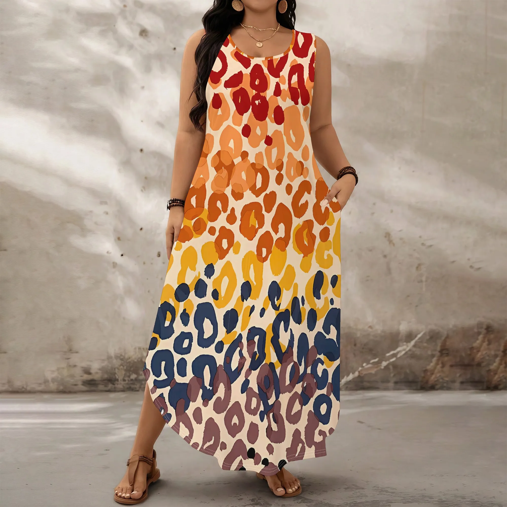 Plus Size Sleeveless Leopard Print Maxi Dress Gradient Colorful Summer Casual Beach Holiday Sundress