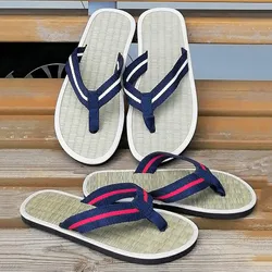 Women Slippers Grass Mat Weave Flat Slippers Comfortable Non Slip Sandals Silent Rattan Flip Flops Stripe Strap Casual Slippers