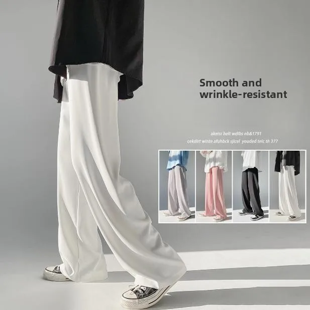 White Wide Leg Pants Men Summer Thin Ice Silk Casual Loose Straight Drapey Floor-Length Trousers Chiffon Suit Pants