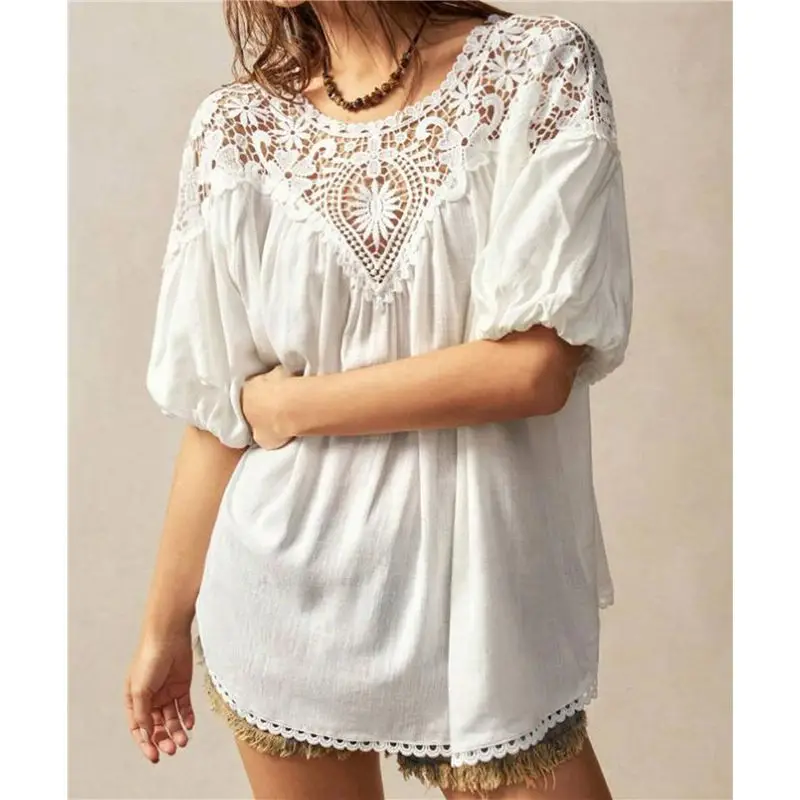 CYL-dames zomertops casual korte kapmouw ronde hals kanten rand dames T-shirts 2025, trendy