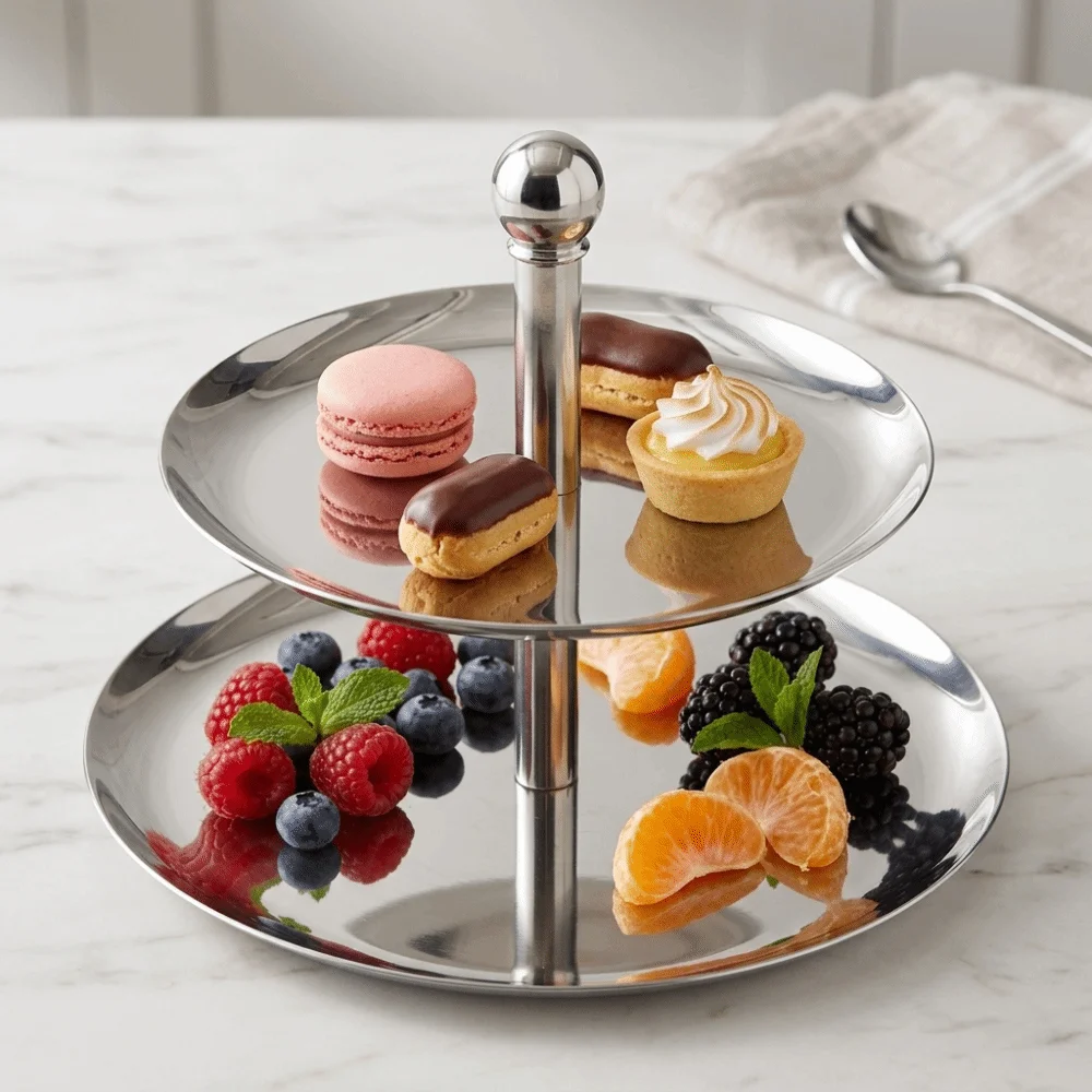 Rustless Steel Tier Tray Polished Surface Stable Support Display Tray Double Layer Structure Round Edged Storage Tray