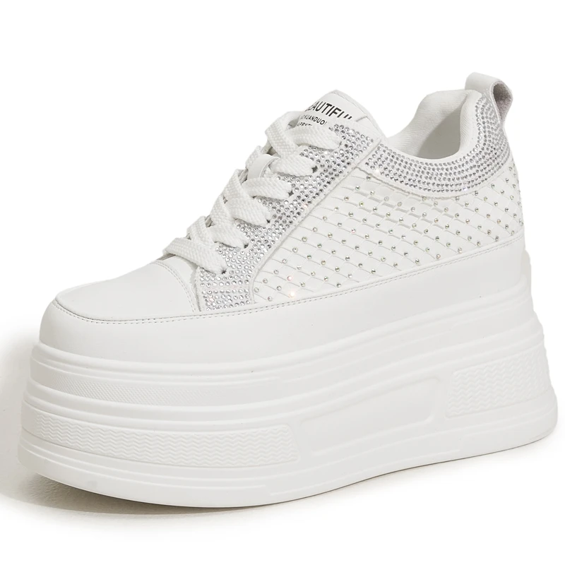 

2026 9cm Platforms Chunky Sneakers for Women Leisure Shoes Summer Crystal Splicing Ladies Microfiber Leather Footwear Woman